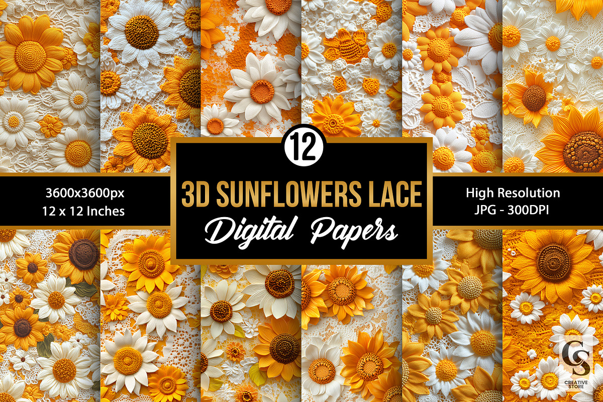 3D Crochet Sunflowers Lace Patterns, a Pattern Graphic by Creative Store (Photo 1 of 5)