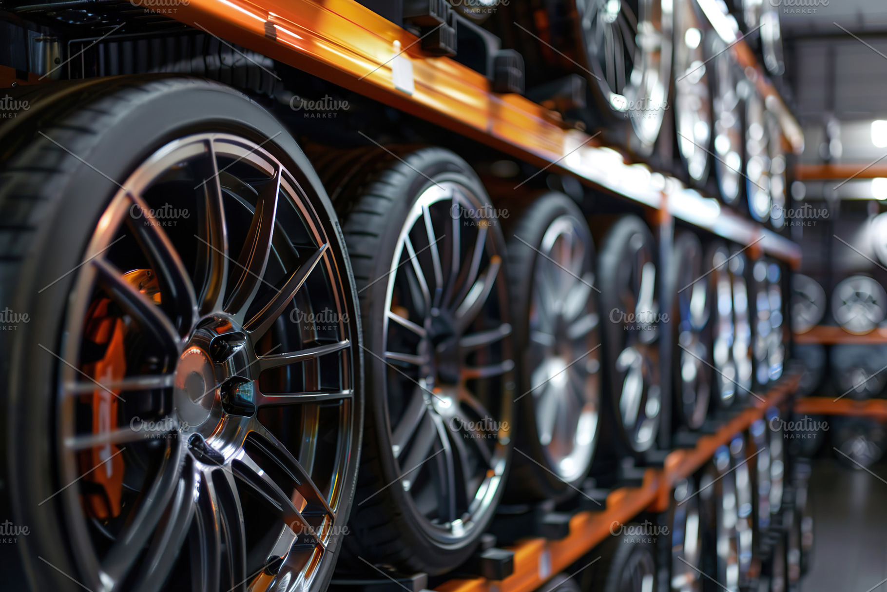 Car wheels with new tires on blurred garage background, a Transportation Photo by AlyaAnd