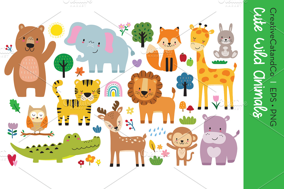 Cute Wild Animals Vector EPS PNG, an Animal Illustration by CreativeCatandCo