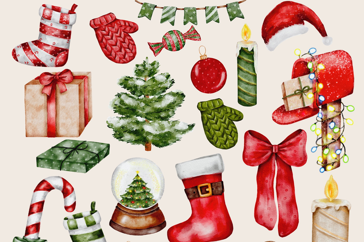 Christmas watercolor clipart set png, a Seasonal Illustration by Julia Bogdan (Photo 8 of 9)