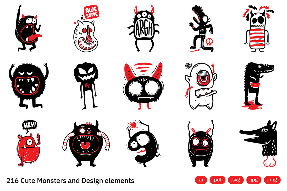 216 Cute Monsters & Design Elements, an Object Illustration by crafty (Photo 5 of 16)