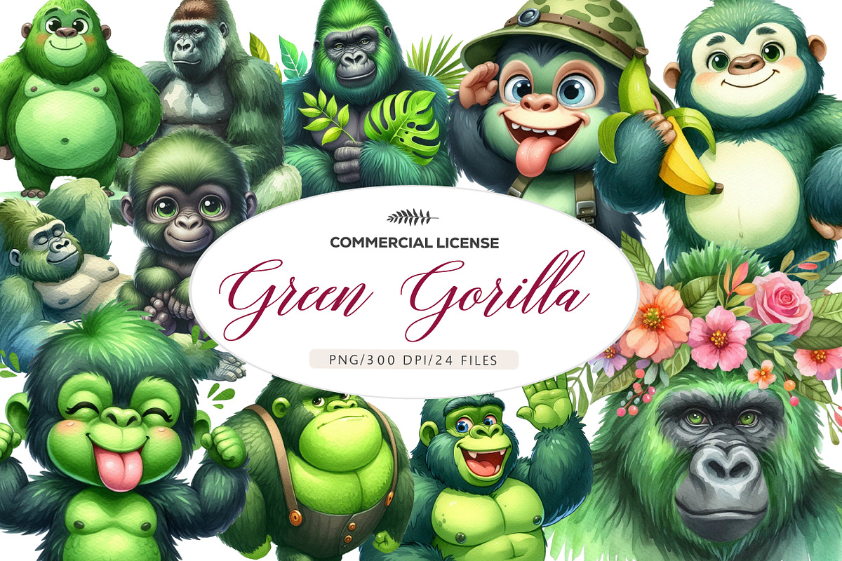 Watercolor Green Gorilla Collection, an Illustration by CreationArt (Photo 1 of 5)