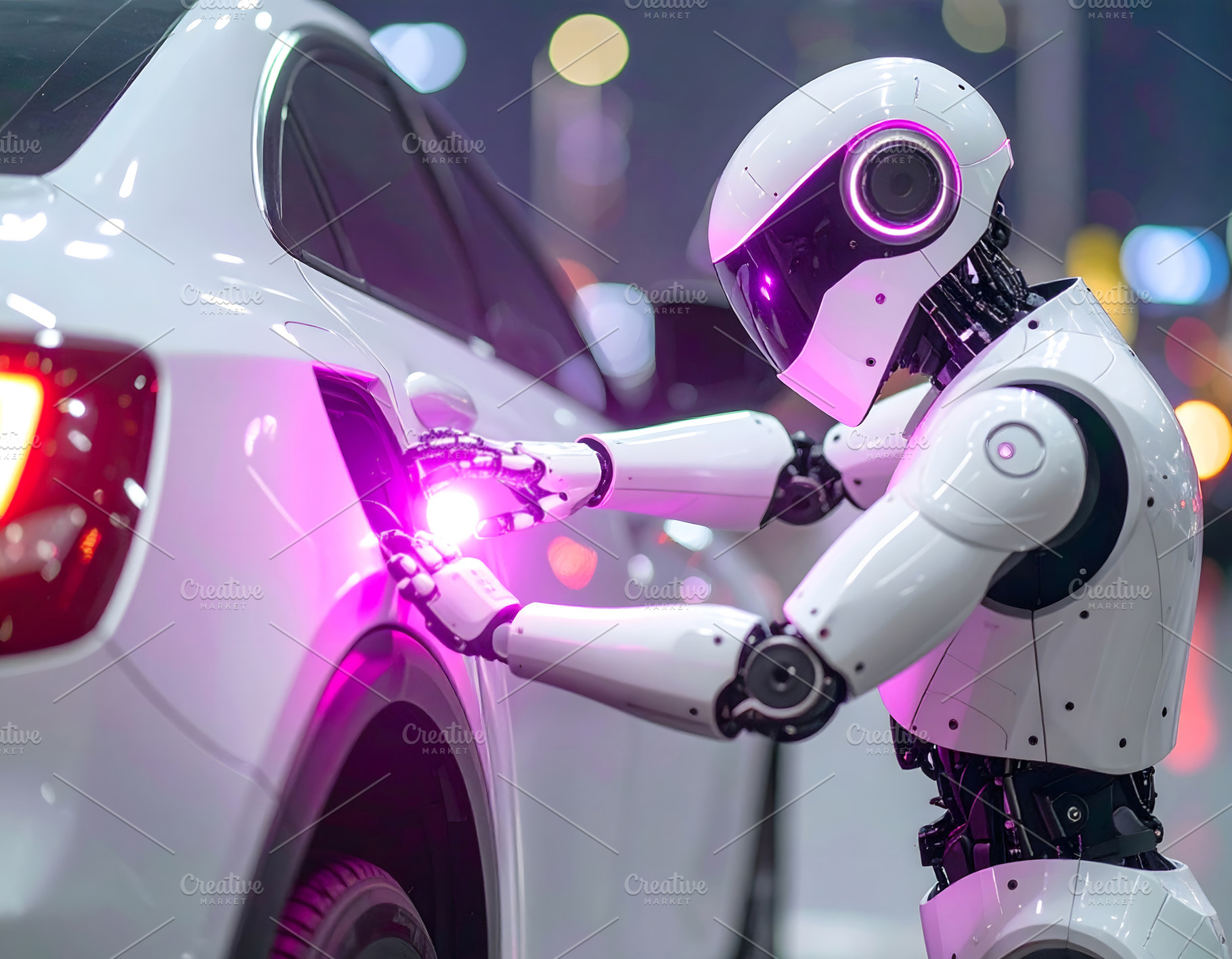 Robot mechanic using advanced scanner on white car exterior, an Industrial Photo by GoodGoods