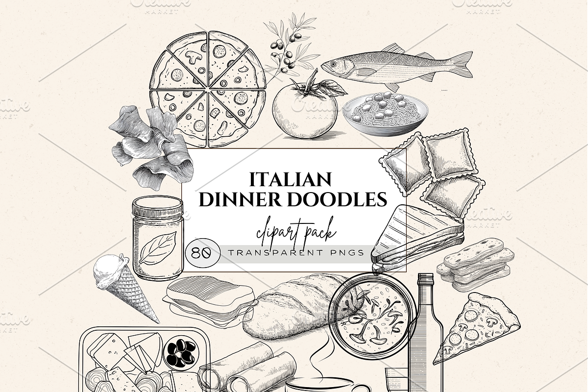 ITALIAN DINNER DOODLE CLIPART PACK, a Food Illustration by Daring Digies (Photo 1 of 7)