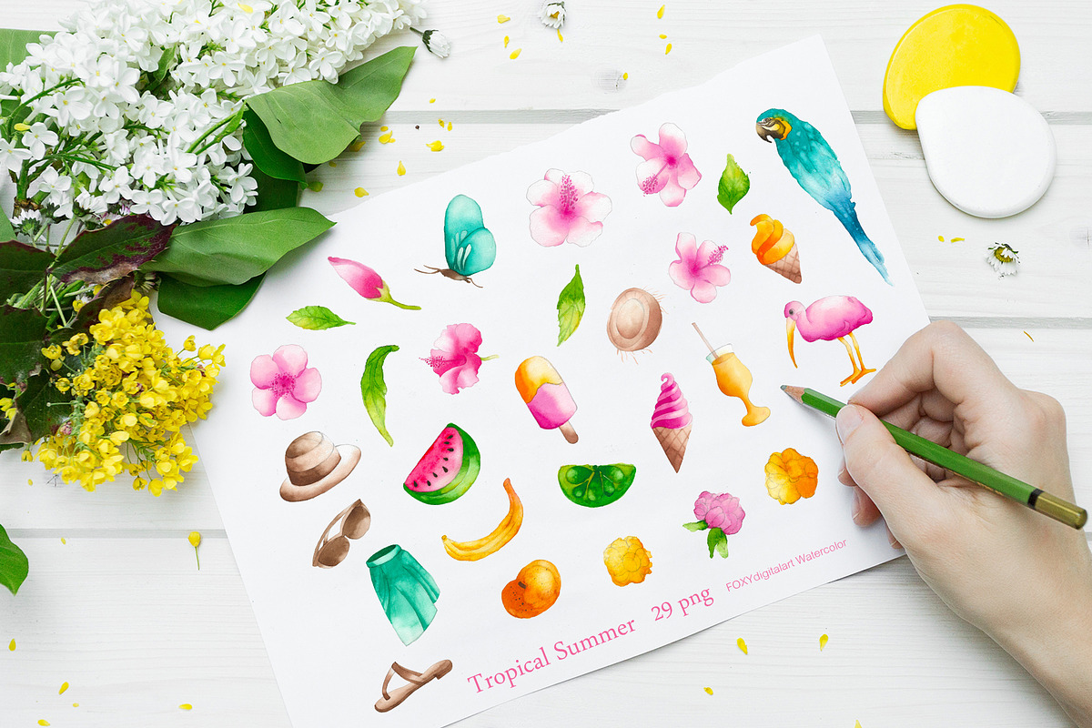Watercolor summer tropical clipart, an Illustration by FOXYdigitalart (Photo 2 of 5)