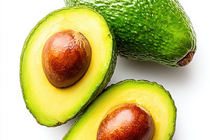 Fresh avocados cut in half on white background, a Food & Drink Photo by AlyaAnd