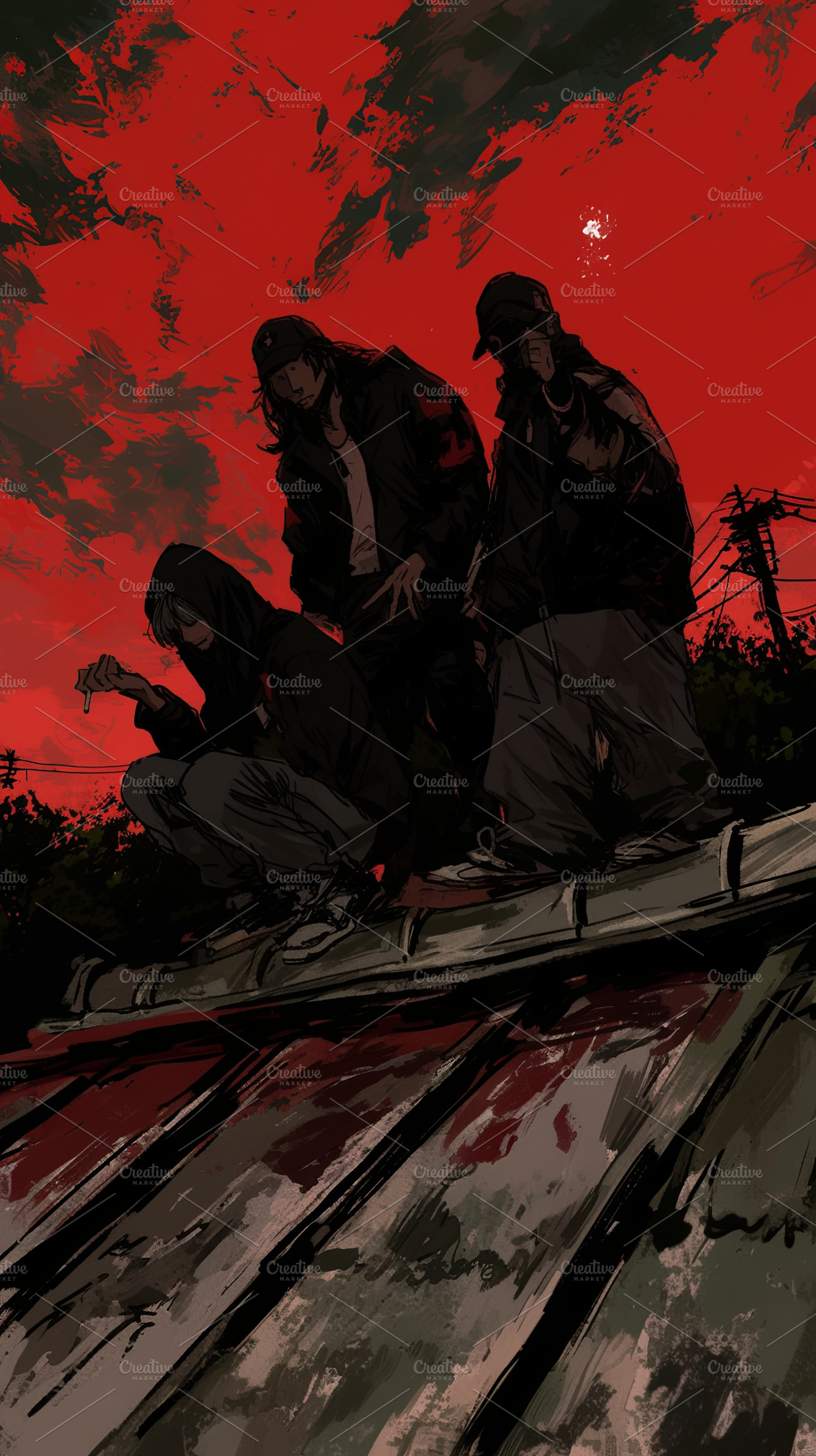 Three individuals pose on a rooftop with a dramatic red sky background, a Photo by AS photostudio