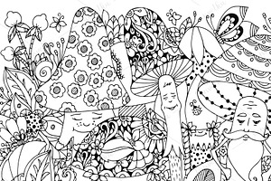 Doodle Cartoon Mushrooms, Forest