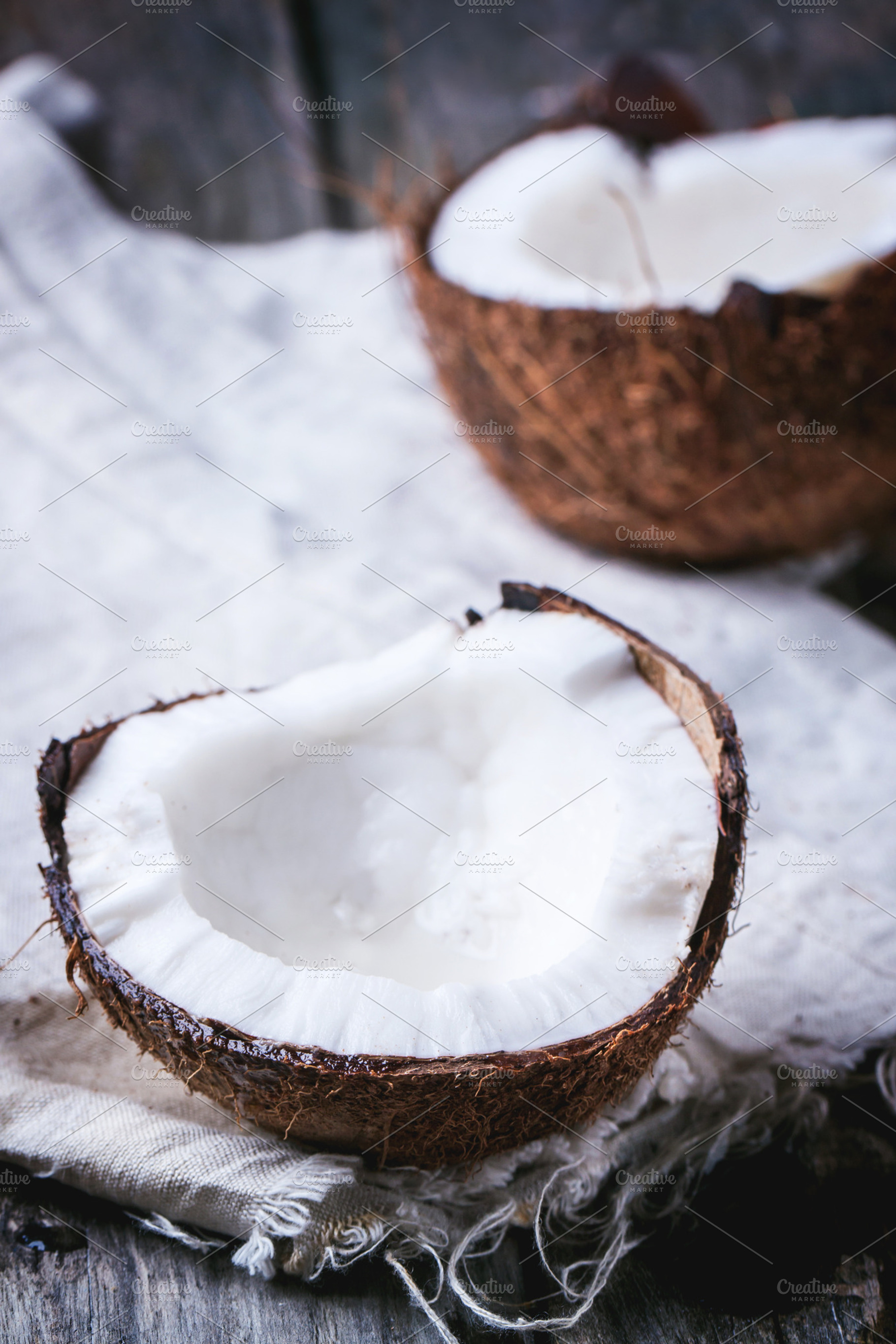 Broken coconut stock photo containing coconut and white