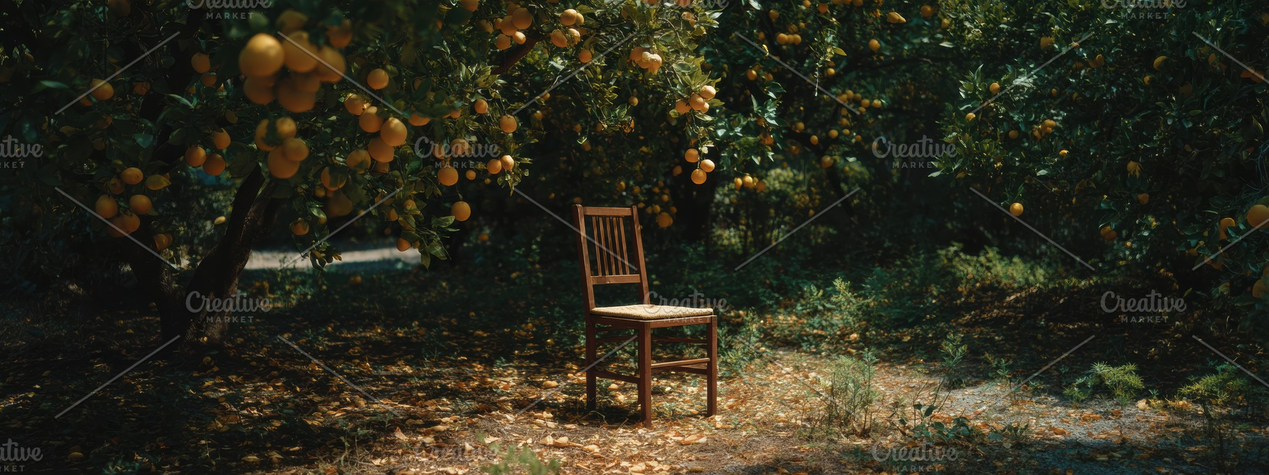 Empty Chair in Shadow of Lemon Tree, a Nature Photo by Virgo Studio