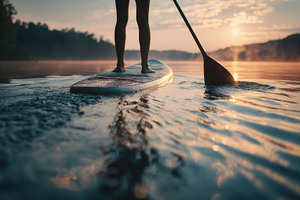 Sunset paddleboarding on calm water, a Photo by Beautiful things