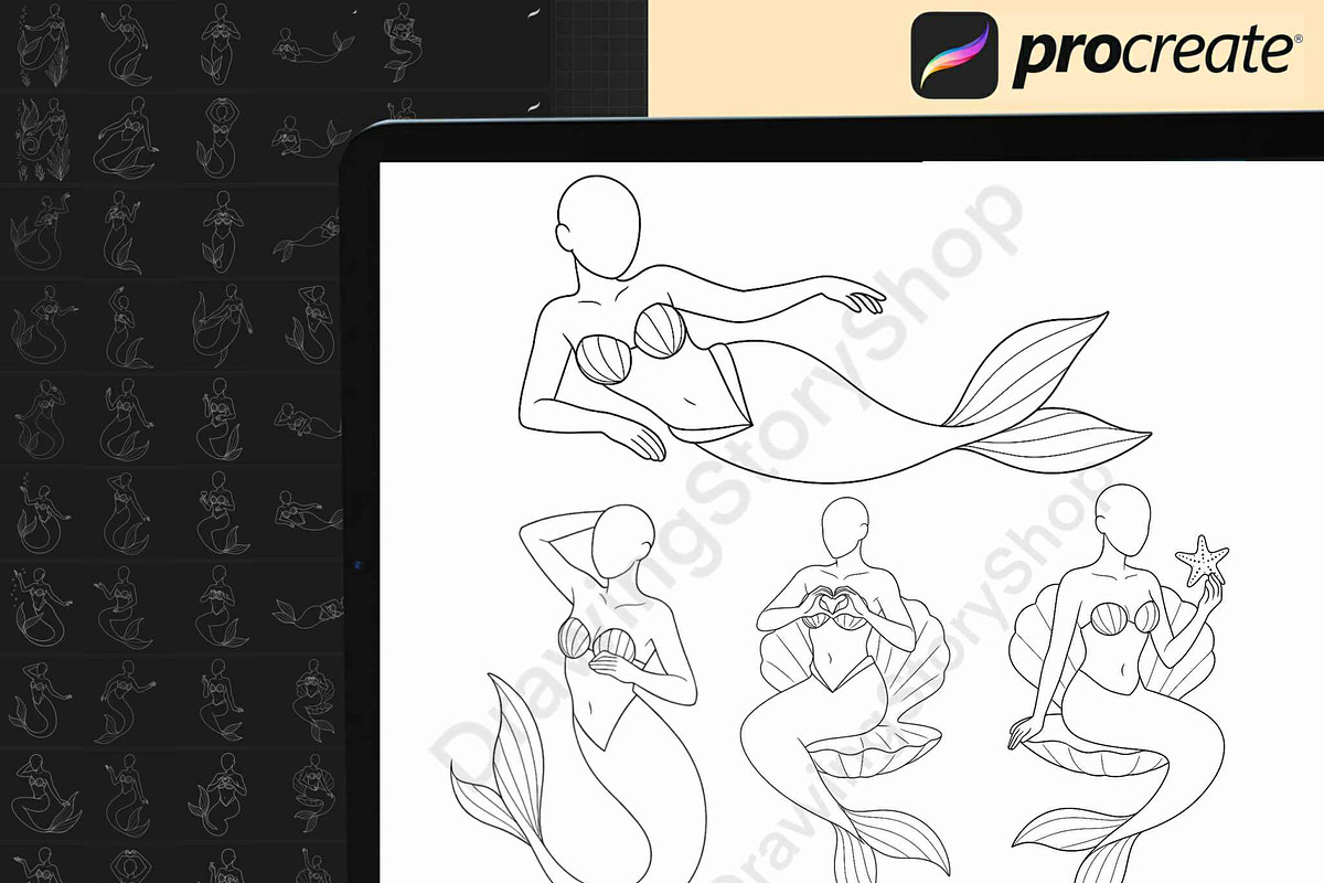 120 Procreate Mermaid Stamp Brushes, a Brush Add-On by DrawingStoryShop
