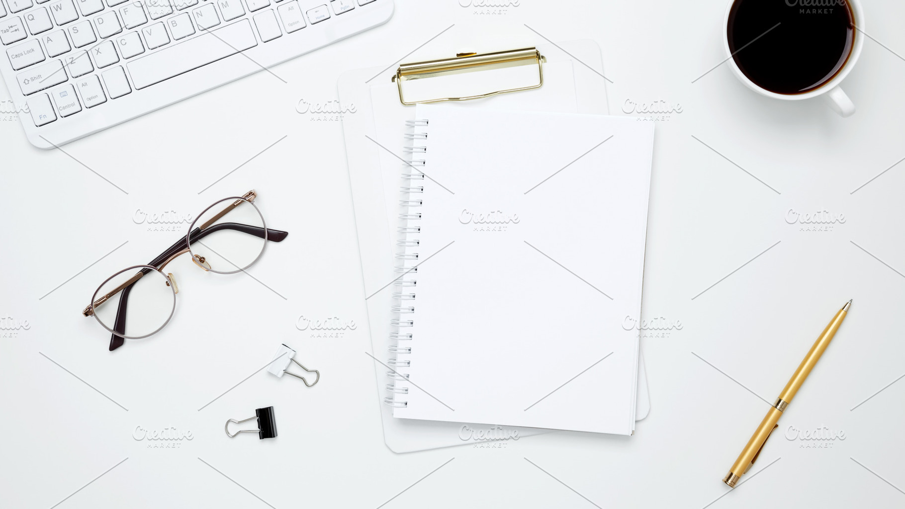 Flat lay composition with copy space. Mock up notebook. Office workspace and pr, a Photo by matucha