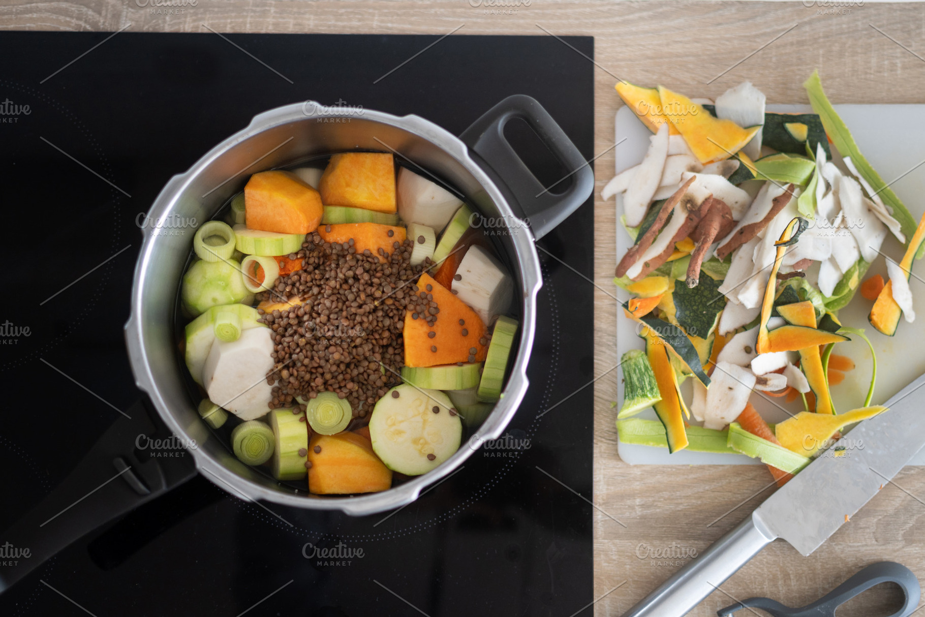 Healthy homemade vegetable soup preparation with lentils and fresh ingredients, a Food & Drink Photo by etorres69