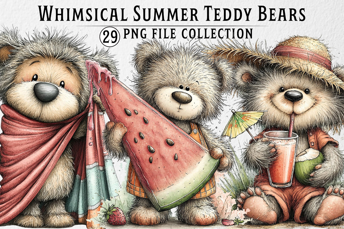 Whimsical Summer Teddy Bear Clipart, an Illustration by Dream Creation (Photo 1 of 6)
