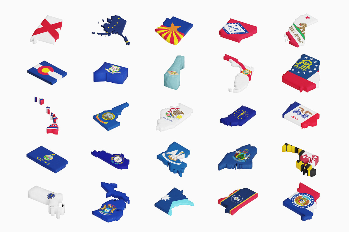 Us State Map Flag 3D Icon Set, an Object 3D Model by Eklip Studio (Photo 1 of 3)