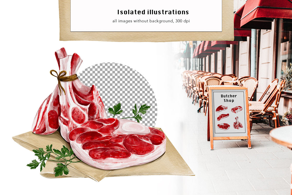Meat, butcher shop. Watercolor., a Food Illustration by Alena Sid (Photo 3 of 11)