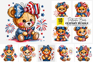 4th of July Cute Bear PNG Bundle, an Illustration by Clipart Bloom