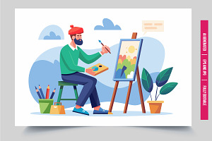 Bearded man paints canvas, an Illustration by Tanuart