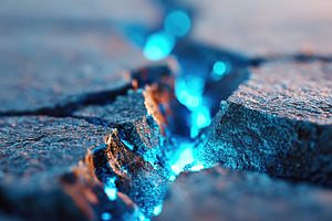 Blue light shining through a crack in the stone surface during twilight, a Photo by AlyaAnd