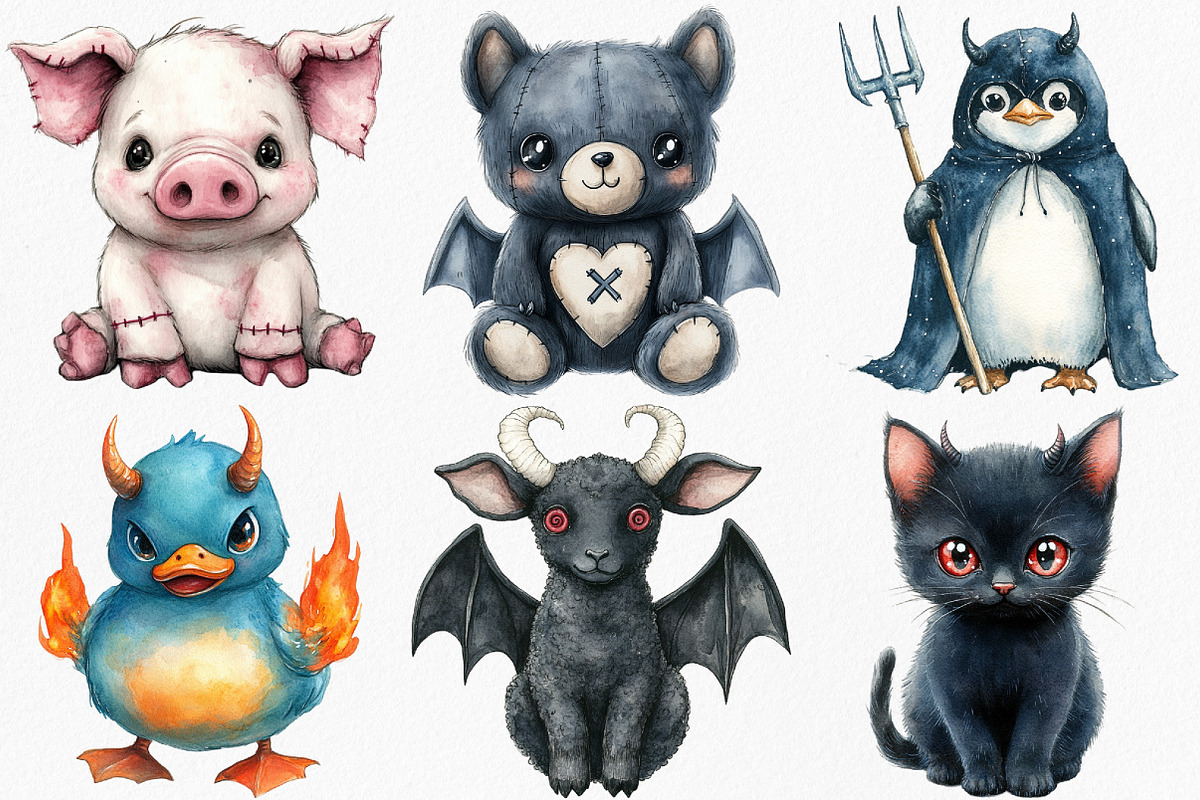 Watercolor Cute Evil Animals Clipart, an Illustration by Canvas Craft (Photo 3 of 7)