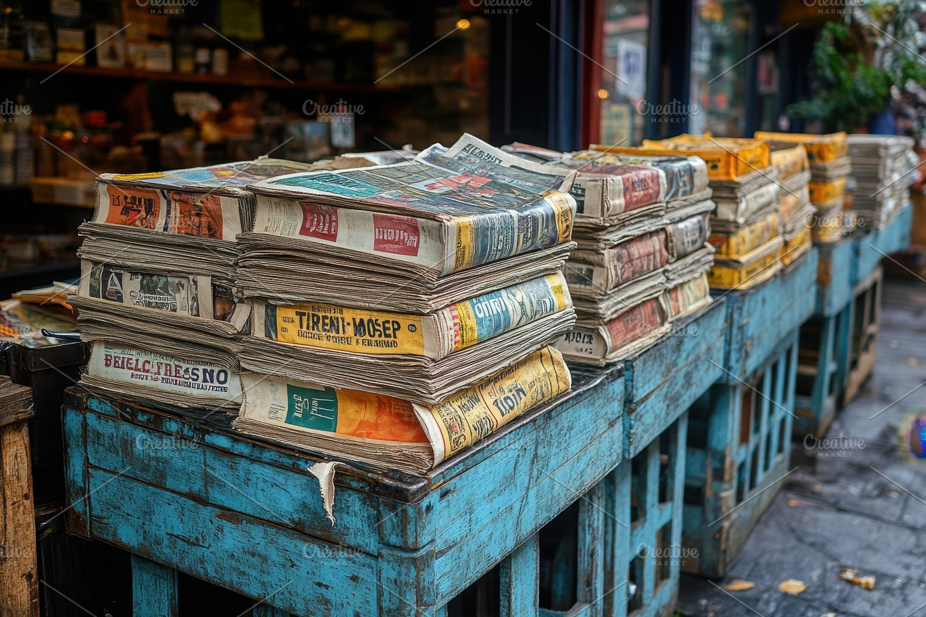 Stacks of old newspapers displayed o, a Photo by Tanuart