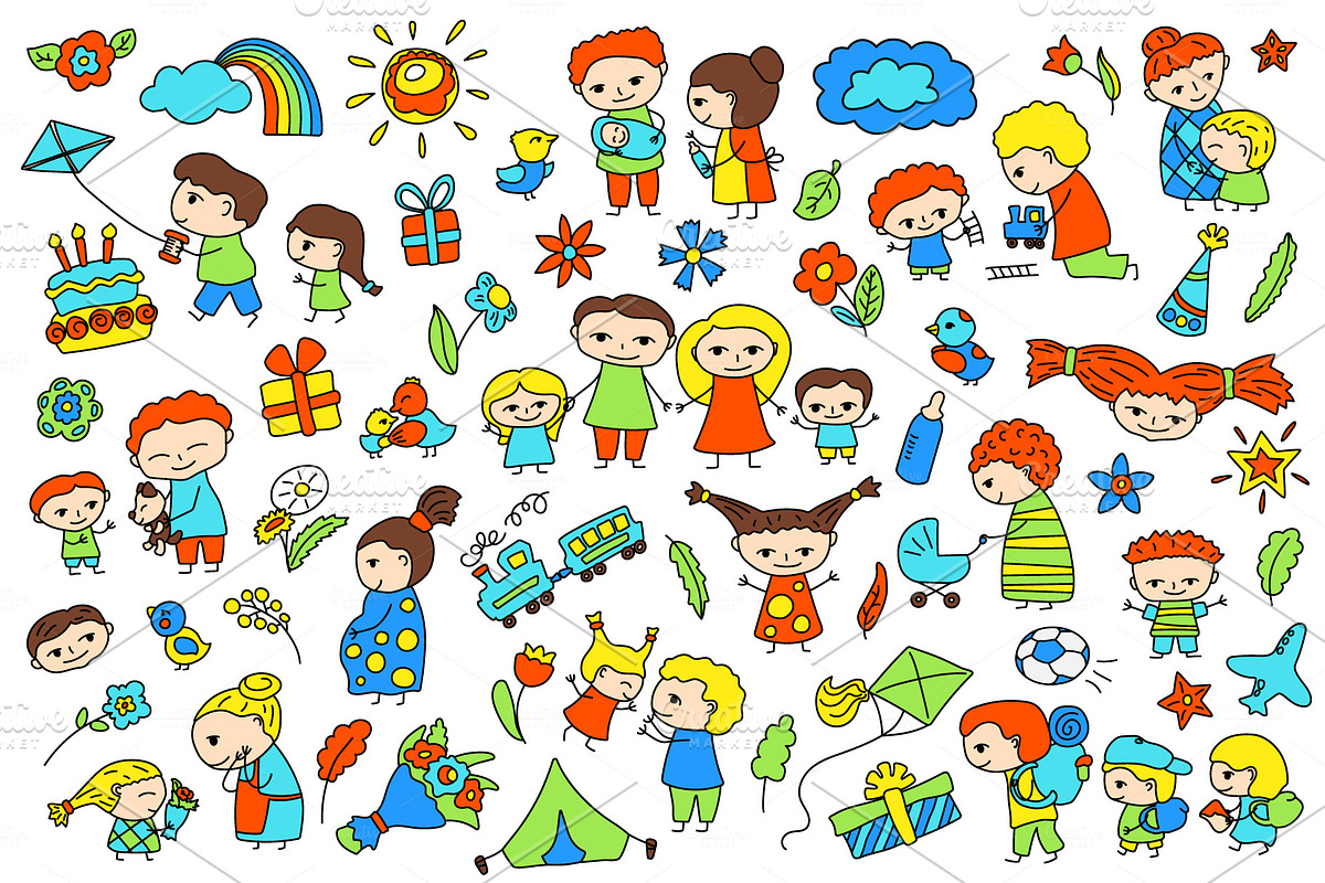 Summer Doodle Kids Clipart + Pattern, a Decorative Illustration by RabbitAndPencil (Photo 2 of 6)