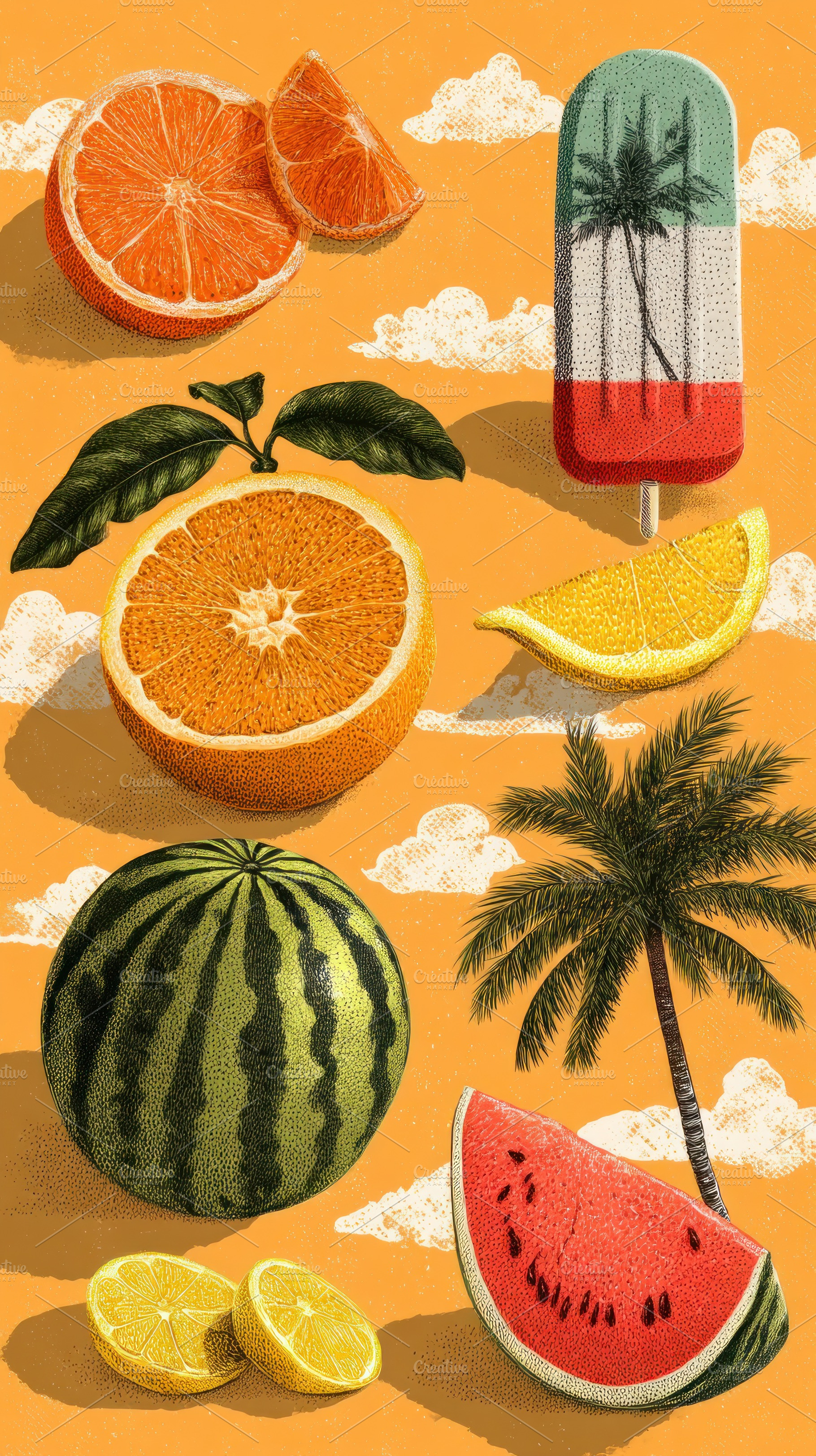 Vintage Tropical Fruit Pattern With Watermelon Citrus Palm Tree, a Background Photo by José Manuel Gelpi