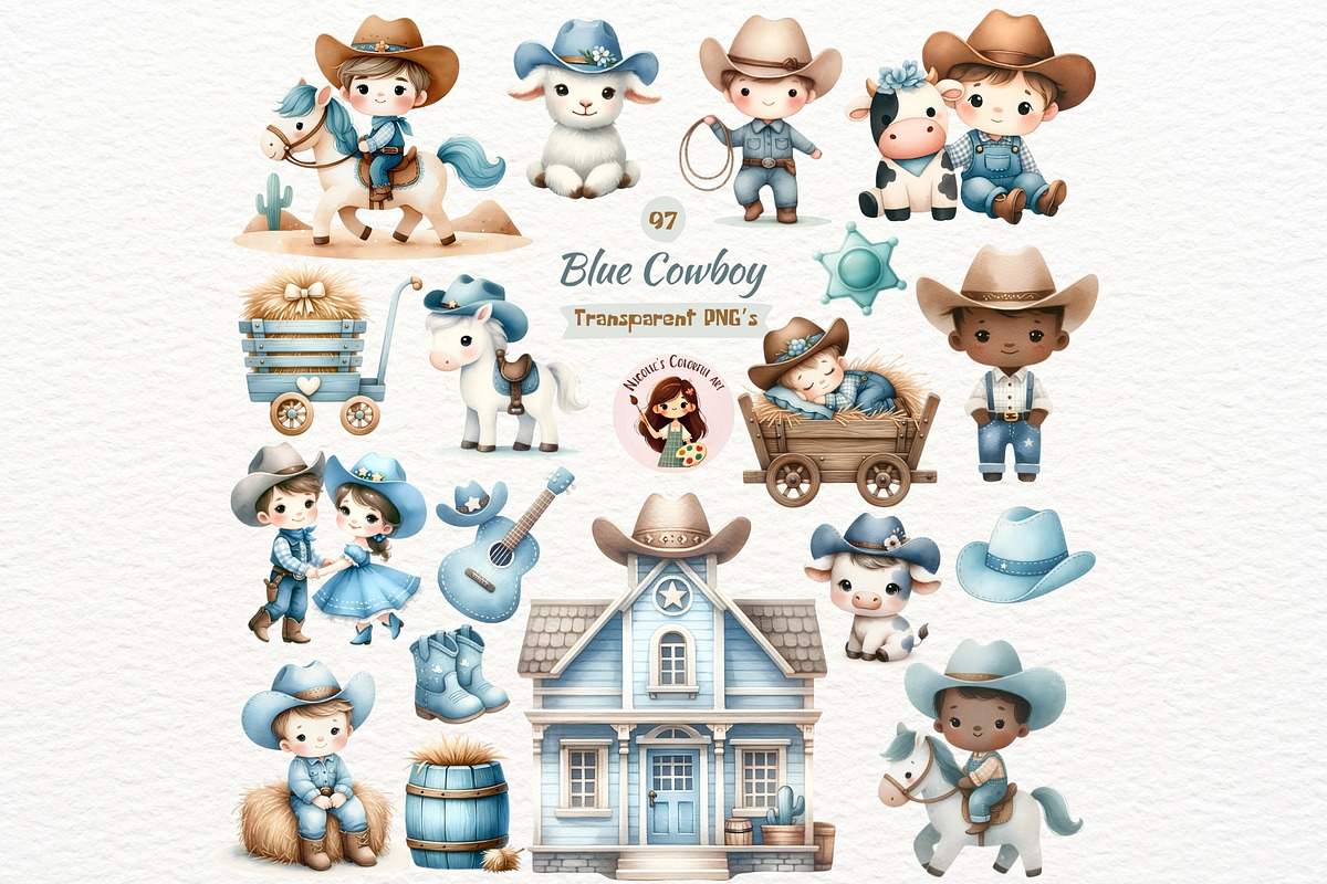 Blue Cowboy Clipart Set, a Person Illustration by Nicolle's Colorful Art (Photo 1 of 8)