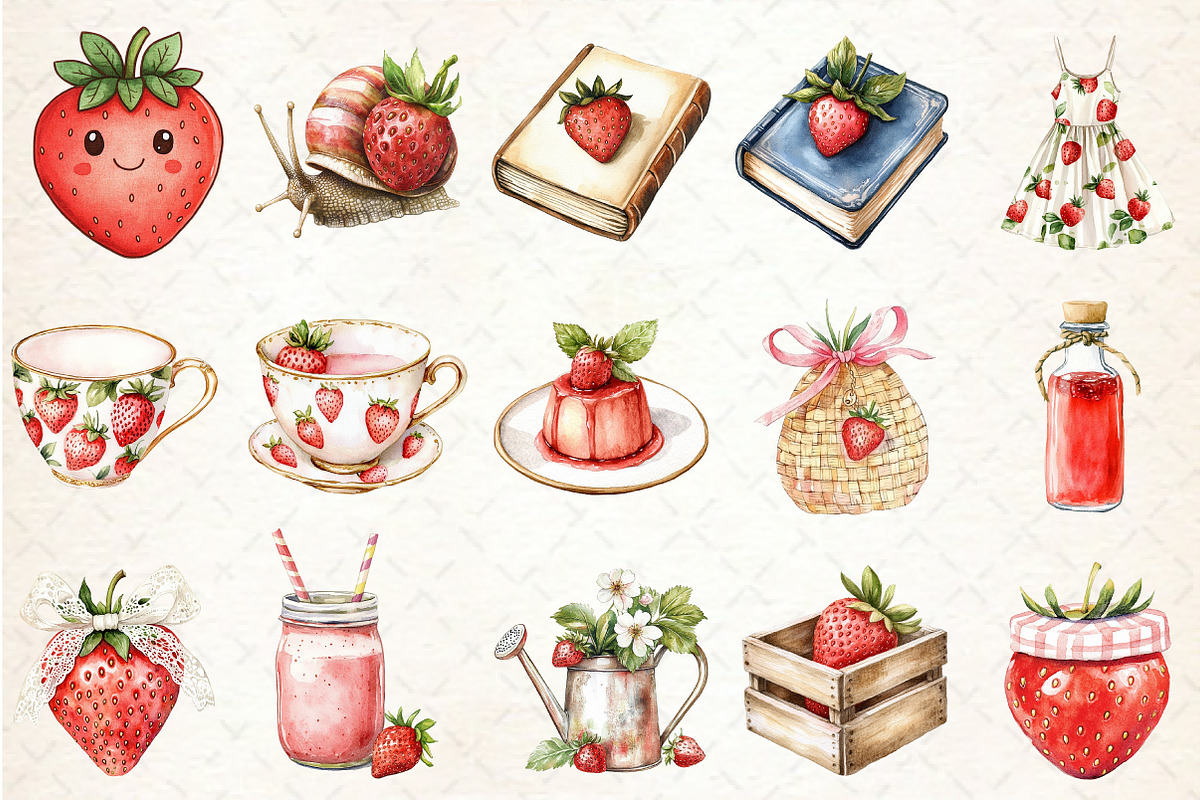 Cute Cottagecore Strawberry Clipart, an Illustration by Rose Art (Photo 2 of 7)