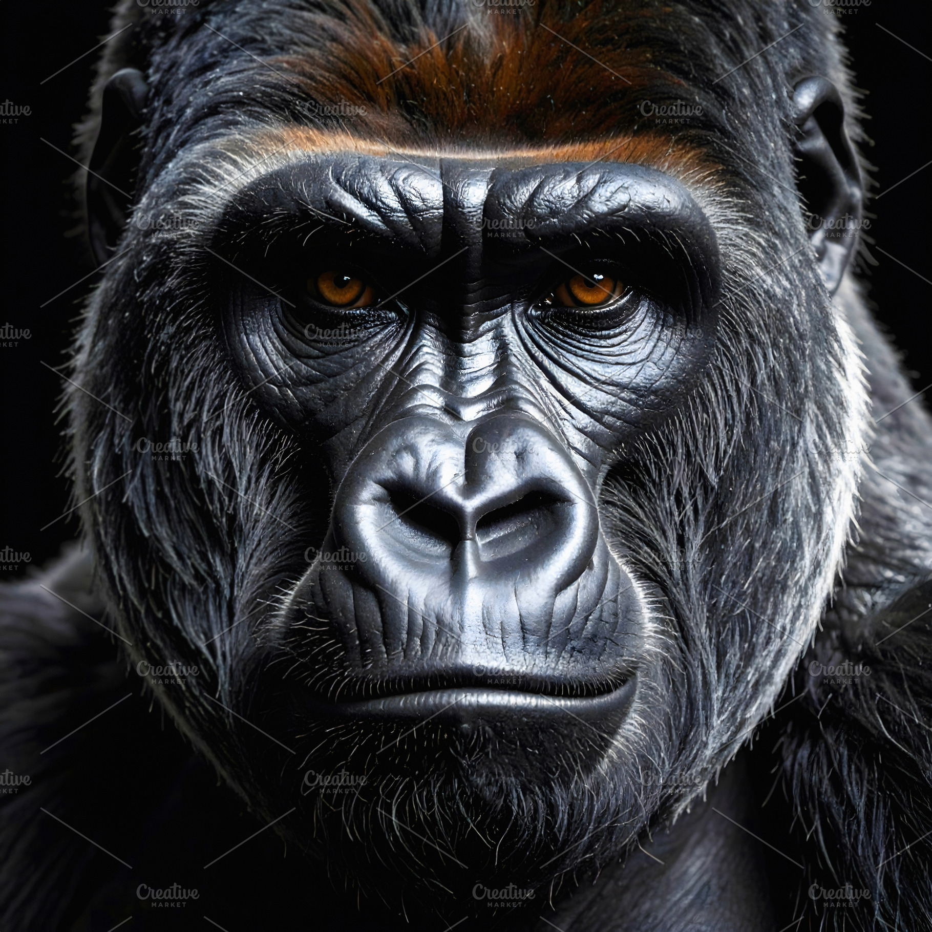 Gorilla portrait with powerful gaze and dark facial features, an Animal Photo by GoodGoods