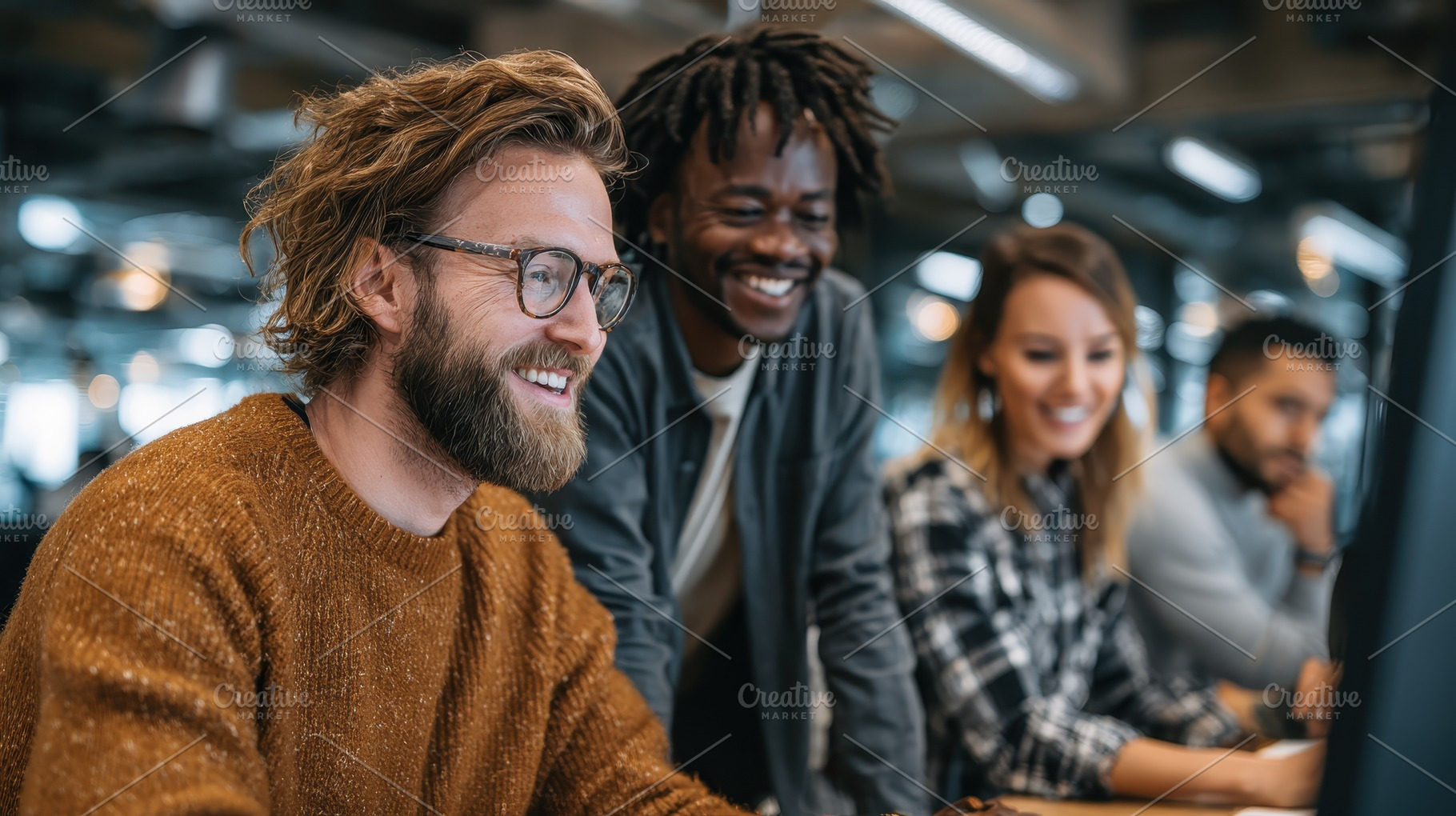 Happy diverse team collaborating on, a Photo by Pixeness Studio