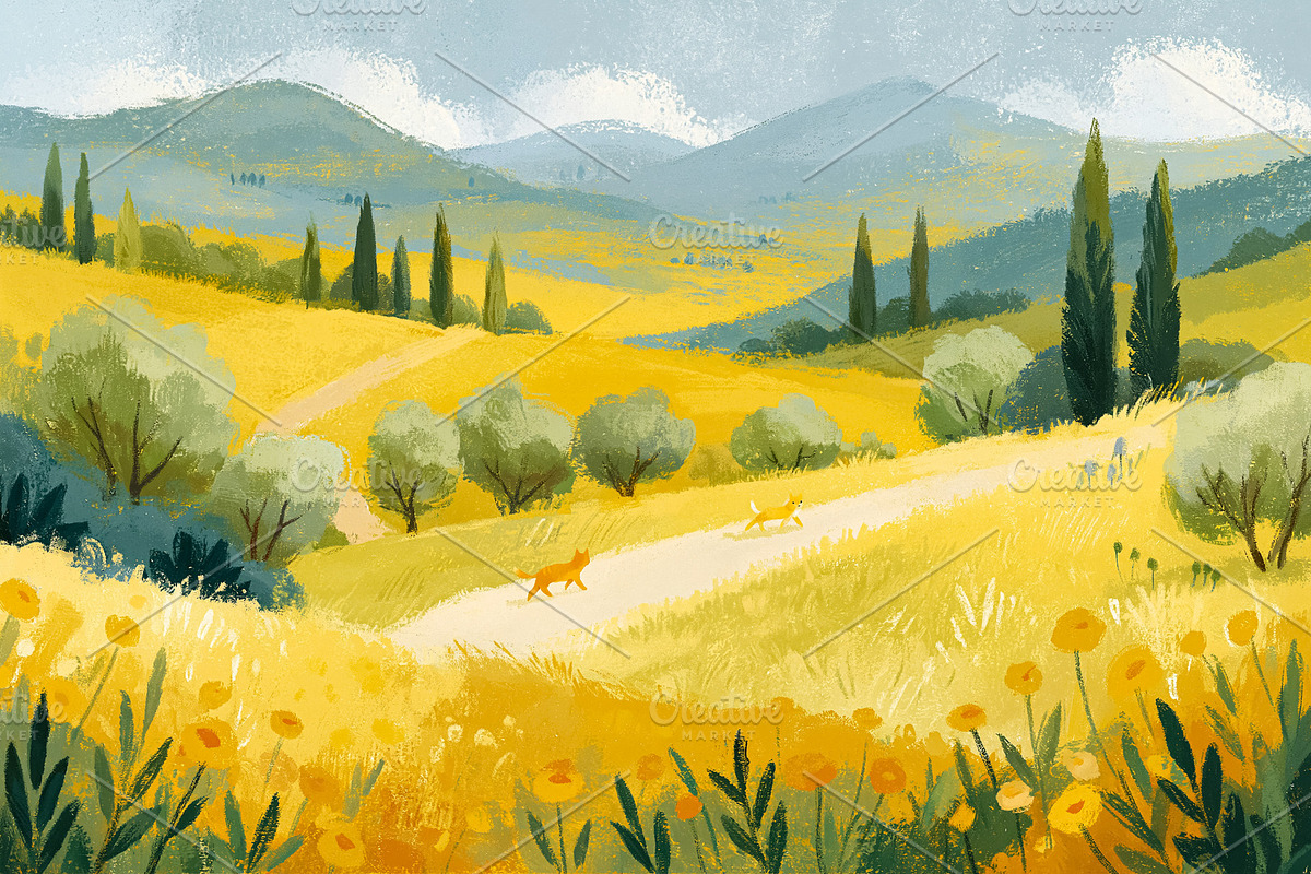 Tuscan countryside landscape with cypress trees, olive groves, a, a Decorative Illustration by Studio ANNA