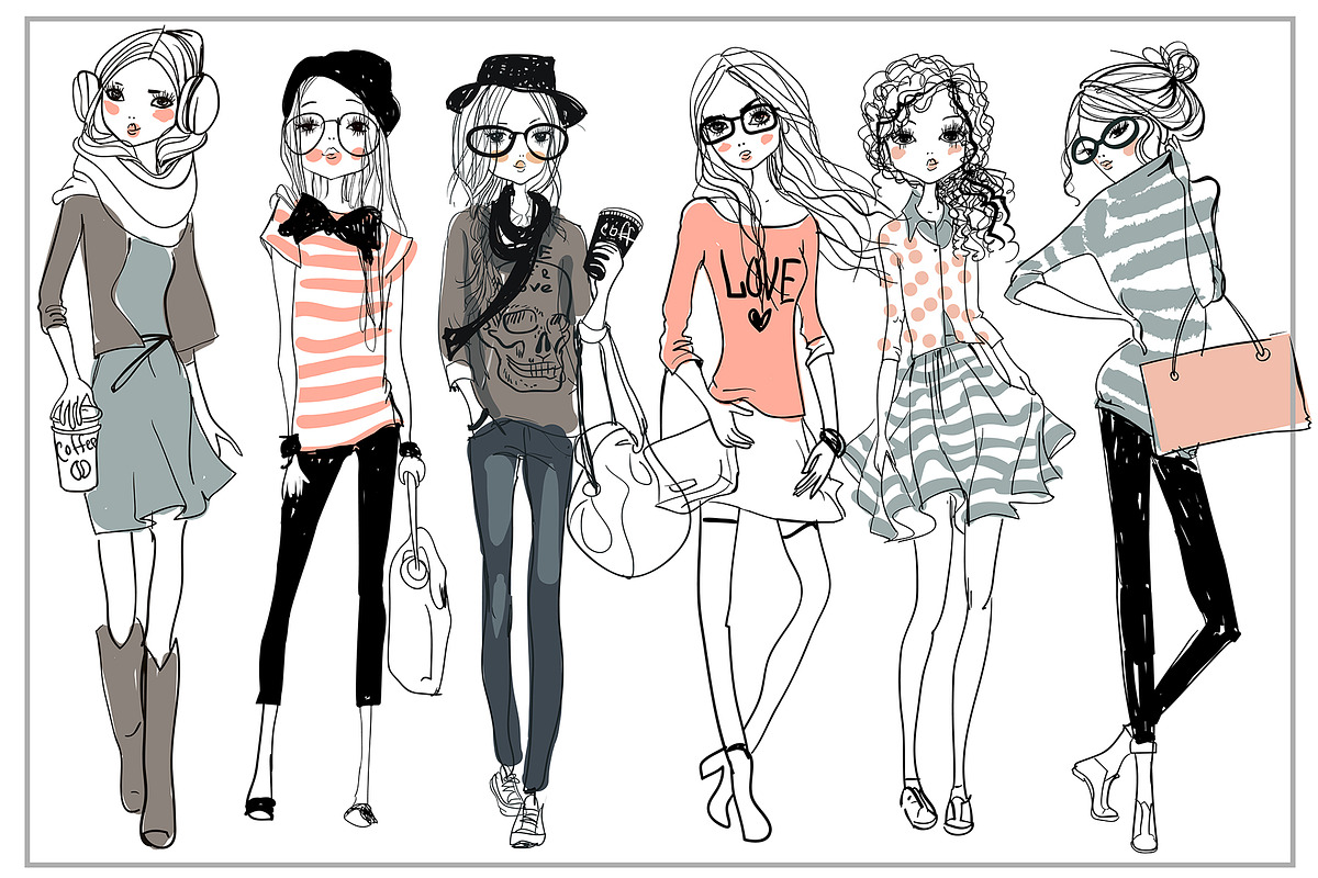 set with 6 fashion sketched girls-2, an Illustration by Eve Farb