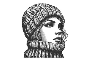 Winter woman portrait engraving, an Object Illustration by AlexArt