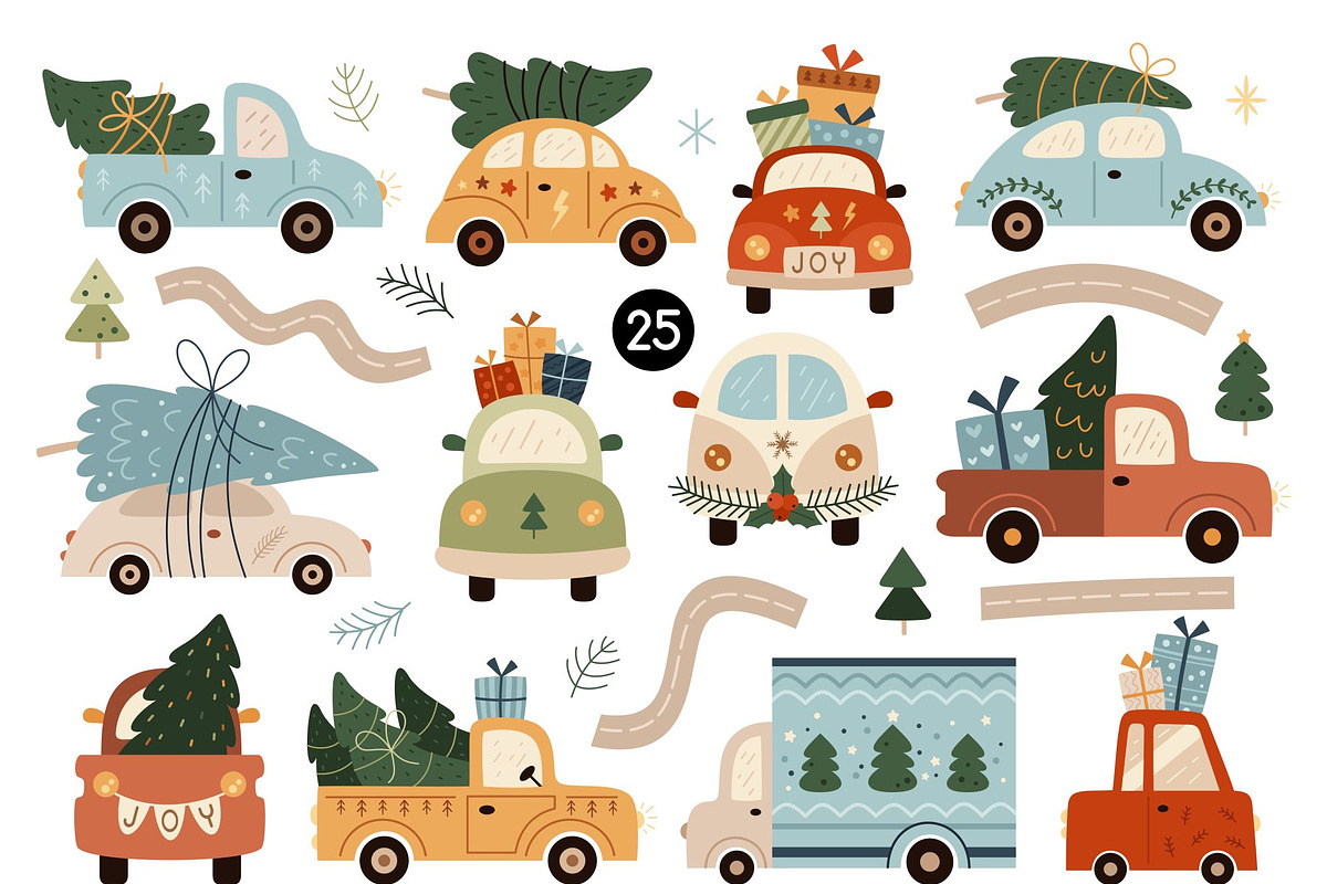 Retro Christmas cars clipart, a Transportation Illustration by JulzaArt (Photo 2 of 6)