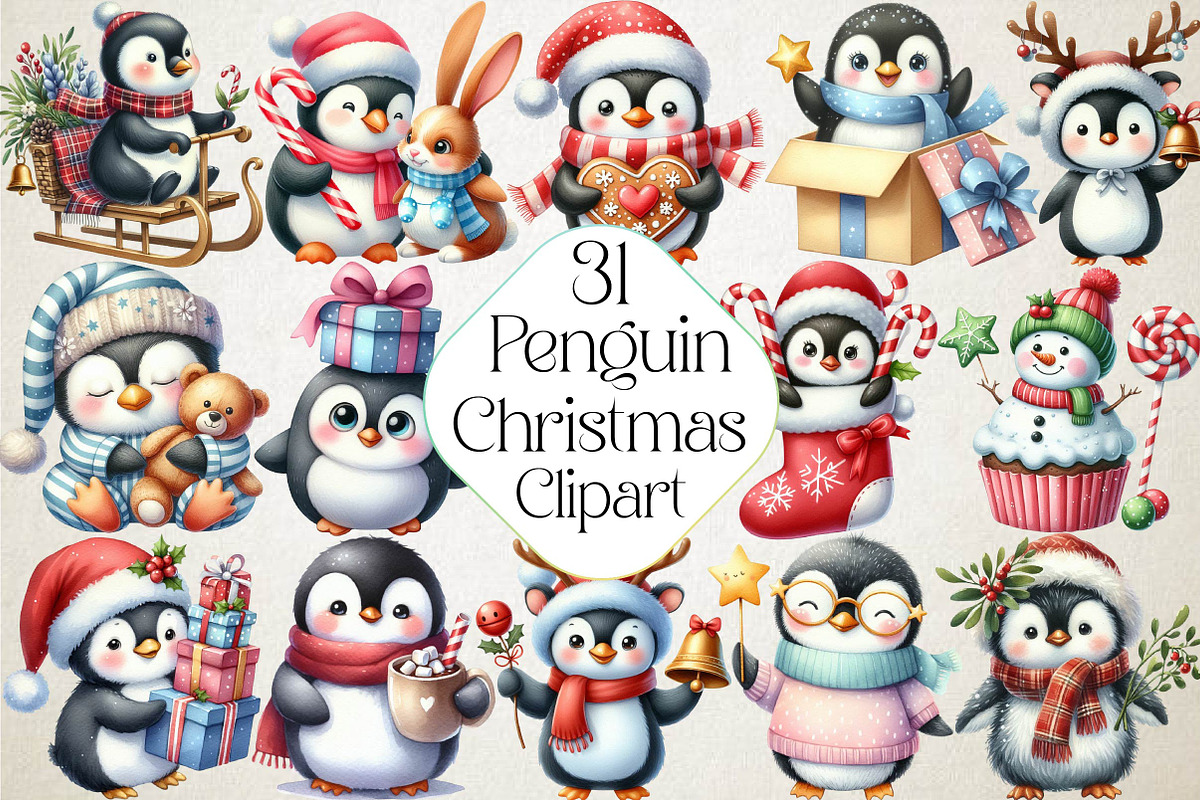 Winter Penguin Christmas Clipart, an Illustration by DreamPrint404 (Photo 1 of 5)