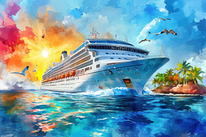 Cruise ship sailing towards a tropic, a Photo by Pixeness Studio