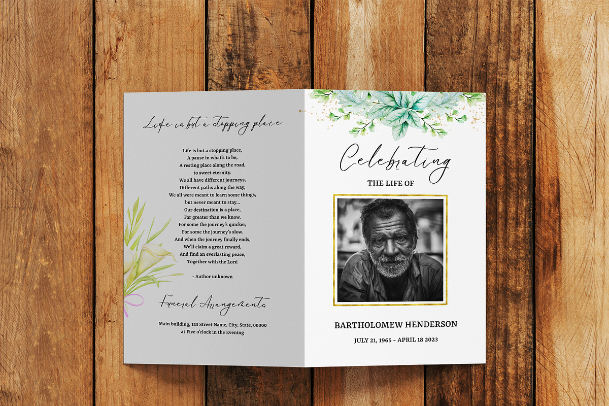 Greenery Funeral Program Canva, a Brochure Template by SmmrDesign (Photo 3 of 6)