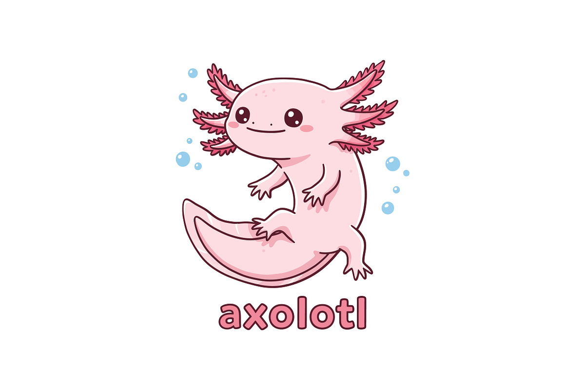 Cute pink axolotl with feathery gill, an Illustration by designvectx