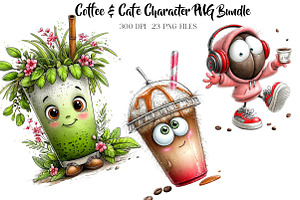 Coffee & Café Character PNG Bundle, a Seasonal Illustration by CreationArt