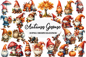 Watercolor Autumn Gnome Clipart, an Illustration by Daily.Designs
