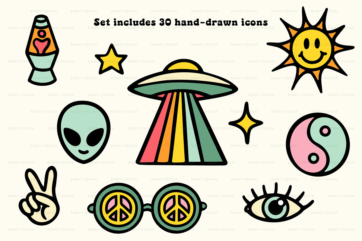 Psychedelic Retro Hippie Icons, a Solid Icon by BirDIY Design (Photo 2 of 10)