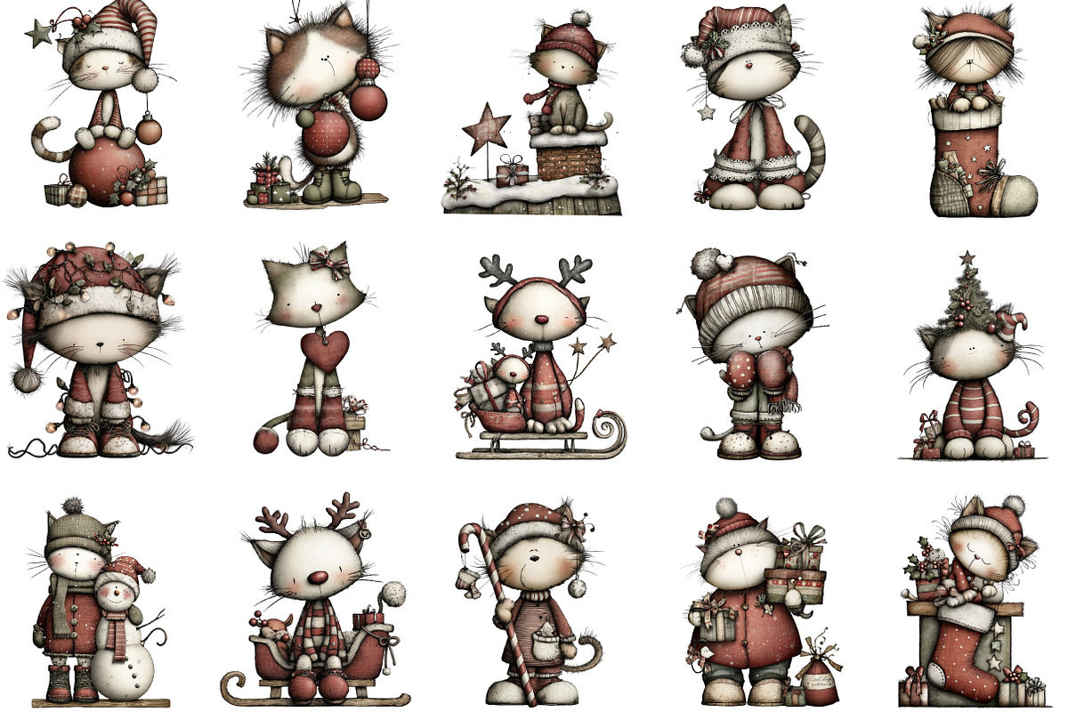 Christmas Whimsical Cats Clipart, an Illustration by Designking (Photo 3 of 5)