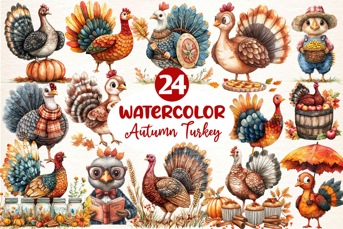 Watercolor Autumn Turkey Clipart, an Illustration by Dream Creation (Photo 1 of 5)