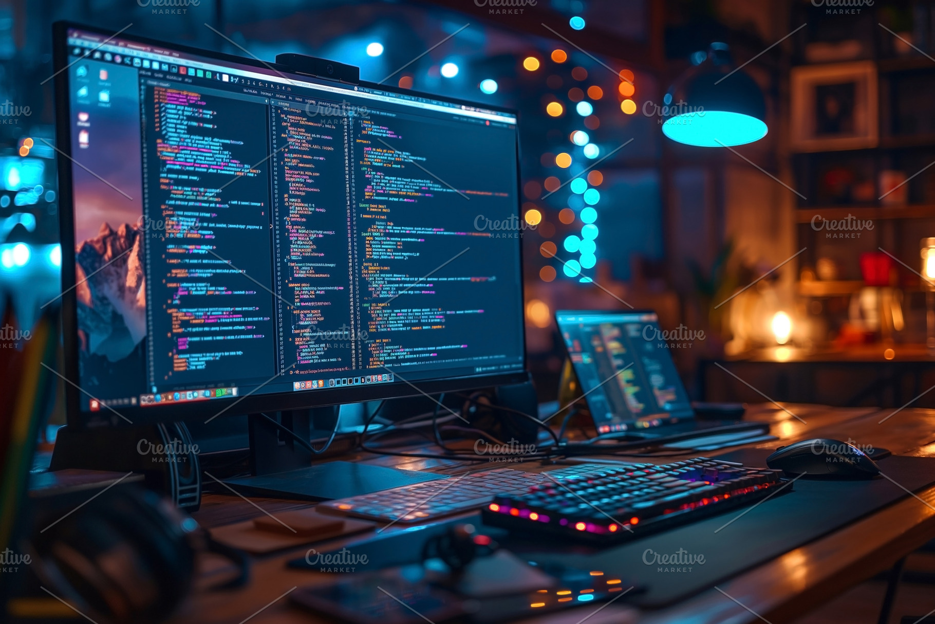 A vibrant workspace featuring a dual-monitor setup with colorful code on screen, a Person Photo by ImageMir