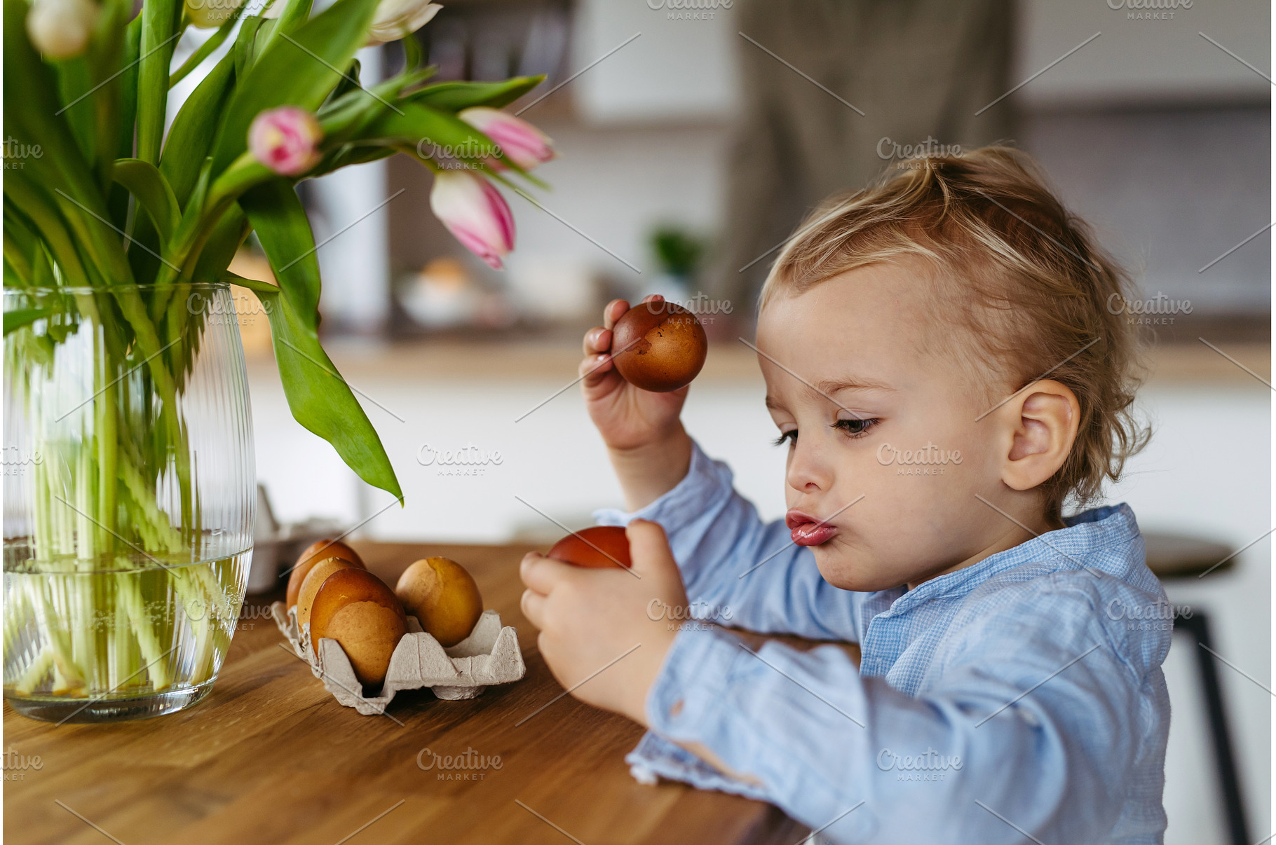 Little boy and easter eggs dyed with, a Holiday Photo by HalfPoint