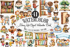 Library Kids Clipart Watercolor Book, an Illustration by Designking