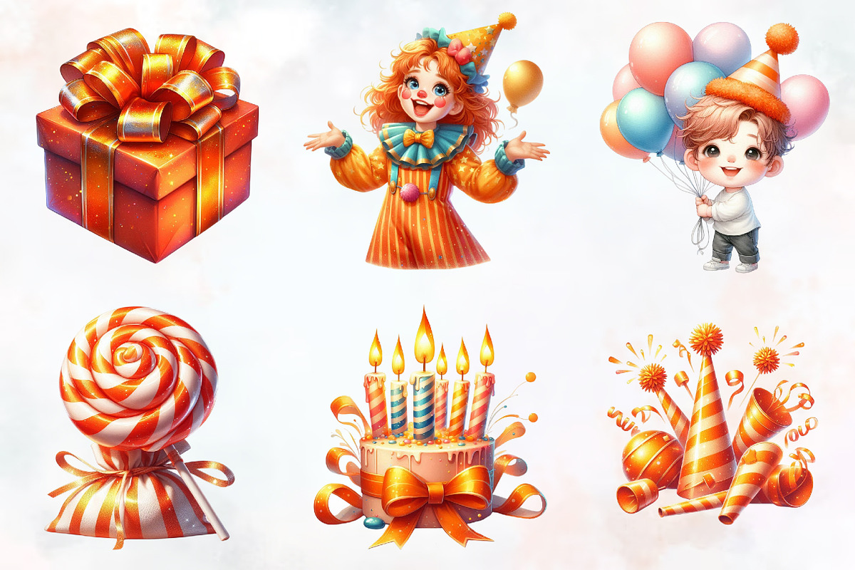 Kids Orange Birthday Watercolor Pngs, an Illustration by RobertsArt (Photo 2 of 7)
