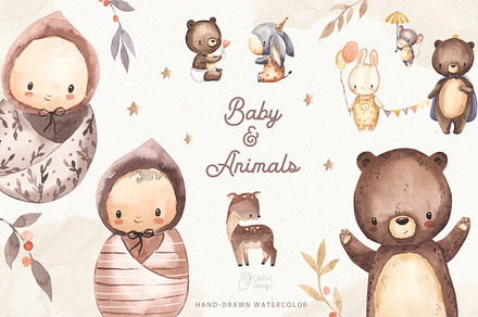 BABY AND ANIMALS. Watercolor clipart
